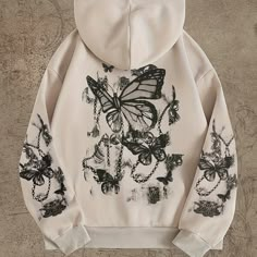 Gratis verzending, snellere after-sales dienst van Temu. Lined Hoodie, Pocket Hoodie, Printed Drawstring, Hooded Sweater, Butterfly Print, Casual Sweatshirt, Purple And Black, Kangaroo Pocket