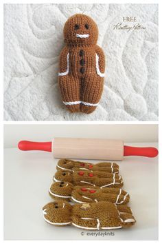 there are two pictures one has a crochet gingerbread man and the other has an orange rolling pin