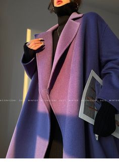 This luxurious Aconiconi Long Double-Sided High-End Full Wool Purple Coat is the epitome of sophistication and elegance. Its boss chic look makes it an ideal statement piece for fashionable, self-assured women. The purple hue gives it a sassy, feminine flair that will inspire you to stay on-trend this fall. Get ready to express your confidence with style. Soft and delicate, with a soft and tough texture Elegant, soft and thick , skin-friendly, high texture, light and not heavy, and warm. Periwin Purple Elegant Outfit, Purple Fashion Aesthetic, Bougie Clothes, Purple Coat Outfit, Womens Winter Coat, Wool Purple, Boss Chic, Luxury Purple, Purple Outfit