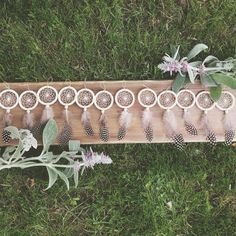 an arrangement of feathers and flowers on a wooden board in the middle of some grass