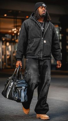 Mens Streetwear Jackets, Male Airport Outfit, Carhartt Work Jacket Outfit Men, Black Timberlands Men Outfit, Male Street Fashion Urban Style, Outfits For Very Cold Weather, Dickies Jacket Outfits Men, Carhartt Outfit Men Street Styles, All Black Streetwear Outfit Men