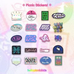 many different stickers are shown on a white and pink background with the words,