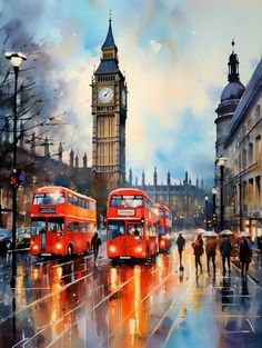 two red double decker buses driving down a street next to a tall building with a clock tower