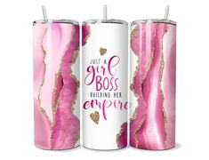 three pink and gold tumbles with the words just a girl boss, building her empire