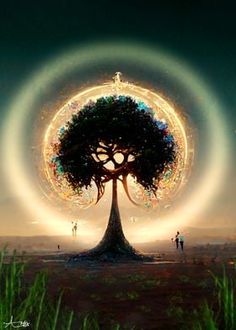 a tree with many circles around it and people standing in the grass under it,