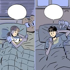 two comics depicting a woman laying in bed with her cat and talking on the phone