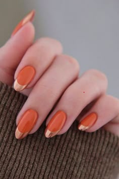 Birthday Glam, Kutek Disney, Orange Nail Designs, Orange Nail, Simple Fall Nails, Gold Nail Designs, French Tip Nail Designs, October Nails, Nagel Tips