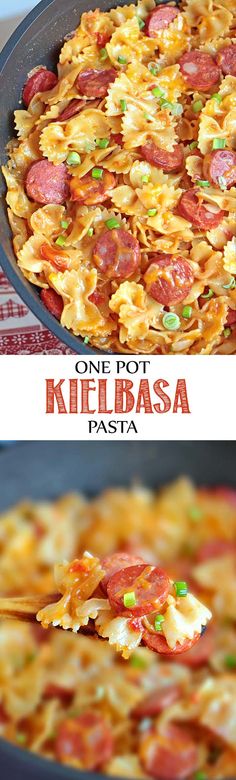 one pot kielbasa pasta with pepperoni and green onions in a skillet