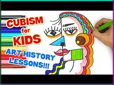 a person holding a marker in front of a poster with the words cubism for kids art history lessons