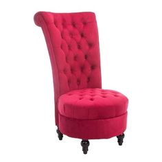 an upholstered red chair with black legs and foot rests on a white background