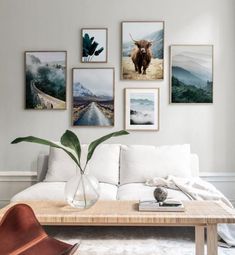 a living room filled with white furniture and pictures on the wall above it's coffee table