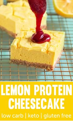 lemon protein cheesecake with keto and gluten free syrup on top is shown