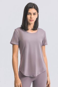 Size: Relax fit Pattern: Plain Feature: Short sleeve. curve hem. pullovers Neckline: Crewneck Sheer: No Stretch: Highly stretchy Measurements: Size 4: length 24 in. bust 36 in. underbust 37 in. sleeve 7 inSize 6: length 25 in. bust 37 in. underbust 39 in. sleeve 7 inSize 8: length 25 in. bust 39 in. underbust 40 in. sleeve 7 inSize 10: length 26 in. bust 41 in. underbust 42 in. sleeve 7 inSize 12: length 26 in. bust 42 in. underbust 43 in. sleeve7 in Material composition: 80% nylon. 20% spandex Care: Machine wash cold. Tumble dry low. Imported Shipping time: 5-10 business days Solid Relaxed Fit Athleisure Tops, Solid Color Relaxed Fit Tops For Athleisure, Solid Relaxed Fit Tops For Athleisure, Sporty Stretch Short Sleeve Workout Top, Stretch Crew Neck T-shirt For Light Exercise, High Stretch Short Sleeve Tops For Light Exercise, Workout Stretch T-shirt With Scoop Neck, Stretch Athleisure Short Sleeve Top, Solid Stretch Short Sleeve Top For Athleisure