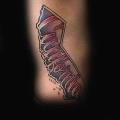 a black and red tattoo with the state of california on it's arm,