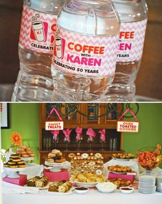 there are two pictures of water bottles and desserts on the table