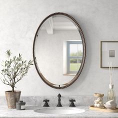 a bathroom sink with a round mirror above it and plants on the counter top next to it