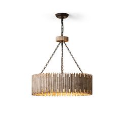 a chandelier hanging from the ceiling with wooden planks and chains on it