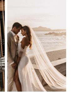 a bride and groom kissing on the beach