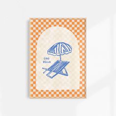 an orange and white checkered wall hanging with a blue umbrella on top of it