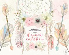 a watercolor dream catcher with flowers and feathers on it's side, next to the words dream catcher