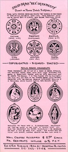 See pics for condition. 1970s Solid Brass Hex Ornaments Dutch Folk Art Ed & Ro Eirkis Morton PA Leaflet TF4-BB 1970 Art, Pennsylvania Dutch Art, Dutch Tattoo, Dutch Folk Art, Ancient Wisdom Quotes, Folk Art Ornament, Hex Signs, Medieval Aesthetic, Pine Island