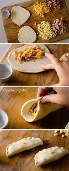 the process of making tortilla bread is shown in three different stages, including being rolled up and uncooked