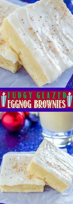 eggnog brownies with white frosting in a glass on a blue table