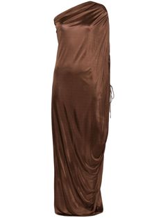 brown stretch-design draped design asymmetric design single sleeve straight hem long length Asymmetrical One Shoulder Dress With Draped Sleeves, Brown Draped Evening Dress, Asymmetrical Maxi Dress With Draped Sleeves, Brown Asymmetrical Hem Maxi Dress, Elegant Draped Brown Dress, Elegant Brown Asymmetrical Midi Dress, Chic Brown Draped Dress, Elegant Brown Draped Dresses, Silk Asymmetrical Dress With Draped Sleeves