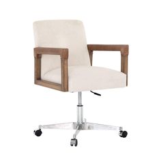 an office chair with wheels on the back and seat upholstered in white fabric