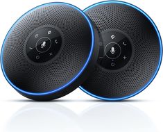 two black and blue speakers sitting side by side