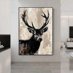 an abstract painting of a deer with antlers on it's head in a white room