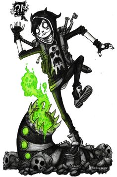 a drawing of a skeleton with green paint on it's face and arms, standing in