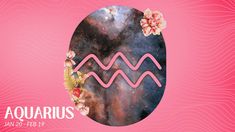 the aquarius logo on a pink background with space and flowers in the shape of an egg