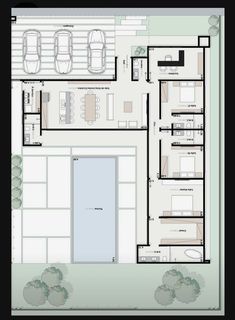 the floor plan for an apartment building with three floors and two car garages on each side