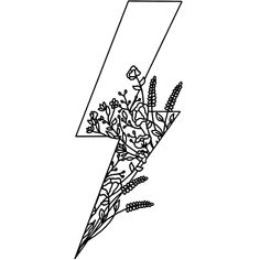 a black and white drawing of a lightning bolt with flowers