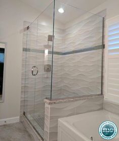 a bathroom with a walk in shower next to a bath tub