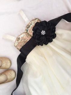 Gold and ivory flower girl dress with black sash Sequin flower girl dress Gold and black flower girl dress Flower Girl Dress Black, Colors Chart, Black Flower Girl Dress, Costume Carnaval, Rustic Flower Girls, Cheap Flower Girl Dresses