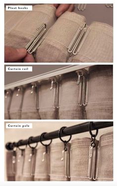 the instructions for how to hang curtains on a rail and tie them together with hooks