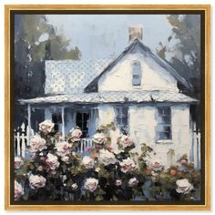 a painting of a white house with roses in the foreground