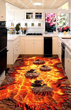 the kitchen floor is covered in fire and flames, as if it were painted on