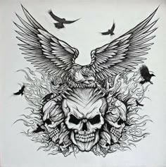 a drawing of a skull with wings and skulls on it's face, surrounded by birds