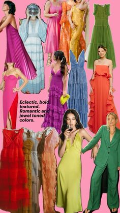 a collage of women in different colored dresses