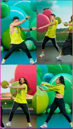 a woman in yellow shirt doing exercises with balloons