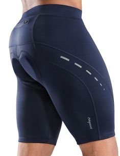 the back view of a man's shorts in dark blue with white stitching