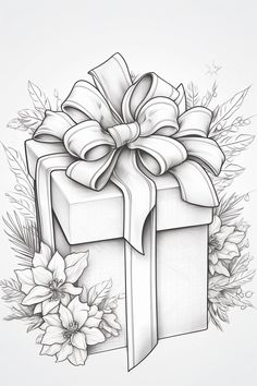 a black and white drawing of a gift box with a bow on it, surrounded by flowers