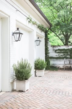 an instagram page with two potted plants in front of a white house