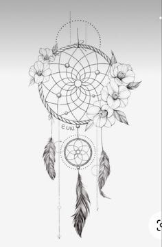 a drawing of a dream catcher with flowers and feathers