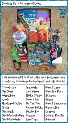 an open suitcase filled with lots of toys and other items on top of a carpet