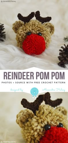 a crocheted reindeer is shown with pine cones in the background and text overlay that reads, reindeer pom