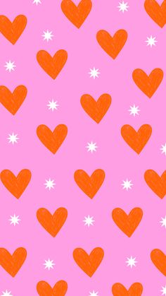 a pink background with red hearts and white stars on the bottom right corner is an orange heart